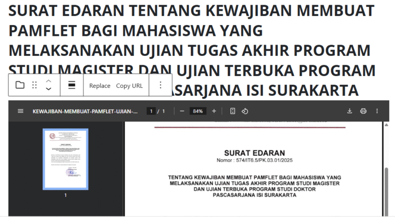 SURAT EDARAN TENTANG KEWAJIBAN MEMBUAT PAMFLET BAGI MAHASISWA YANG MELAKSANAKAN UJIAN TUGAS AKHIR PROGRAM STUDI MAGISTER DAN UJIAN TERBUKA PROGRAM STUDI DOKTOR PASCASARJANA ISI SURAKARTA