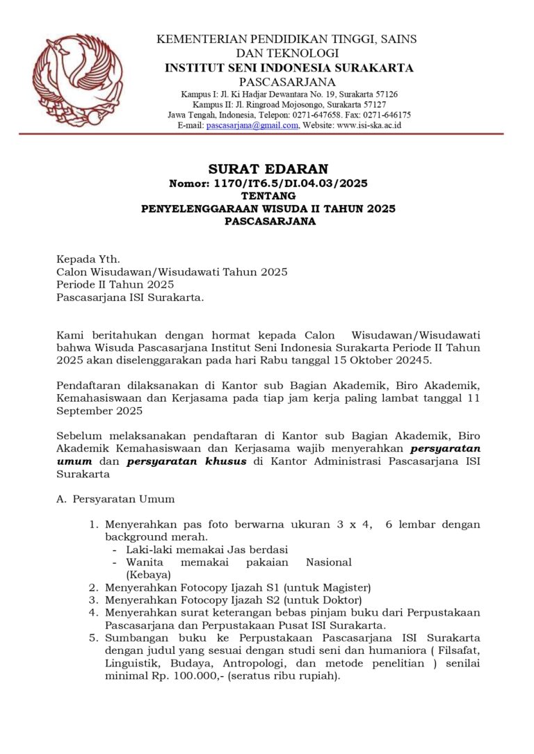 SURAT EDARAN TENTANG PENYELENGGARAAN WISUDA II TAHUN 2025 PASCASARJANA